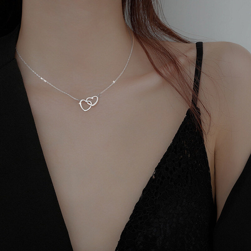 Collier pendentif Double cœur géométrique pour femmes, chaîne de clavicule, bijou exquis, cadeau d'anniversaire, de saint-valentin, nouvelle collection