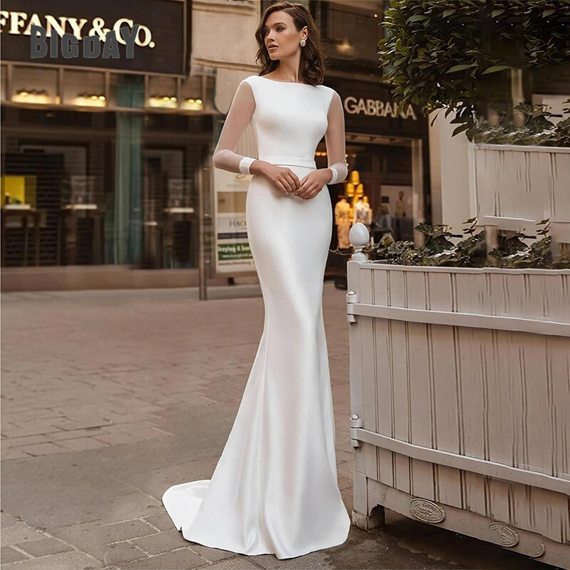 Suknia ślubna z elegancka, długa rękawem 2024 biała syrenka bez pleców miękka satyna bez pleców z okrągłym dekoltem suknia ślubna z koronką Up Vestido De Novia