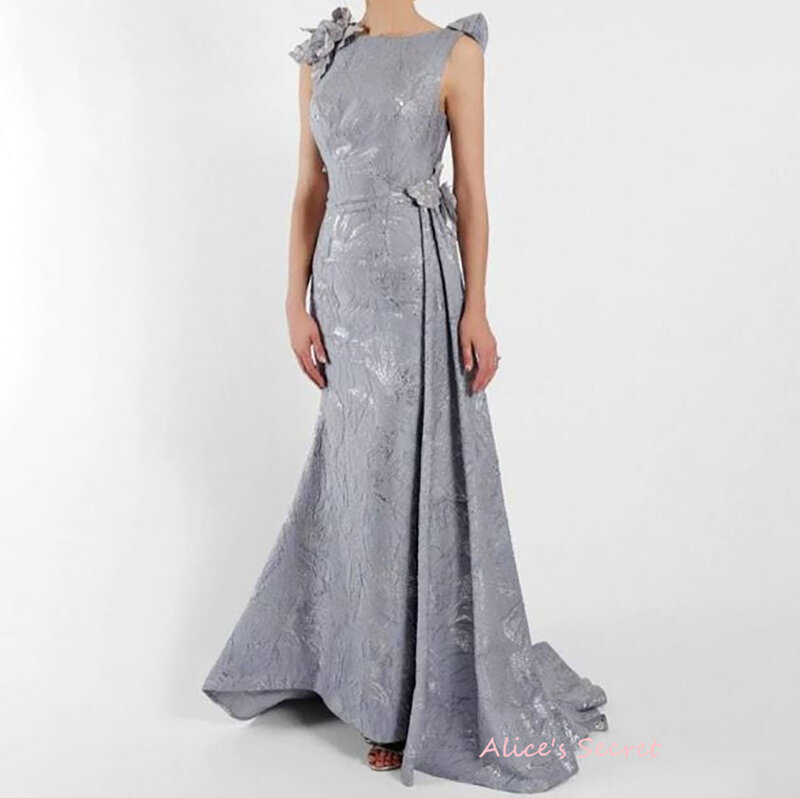 A-Line Tulle Bateau Neck Sleeves Floral Open Back Ruffled Pleated Full Length Prom Gown Evening Dress