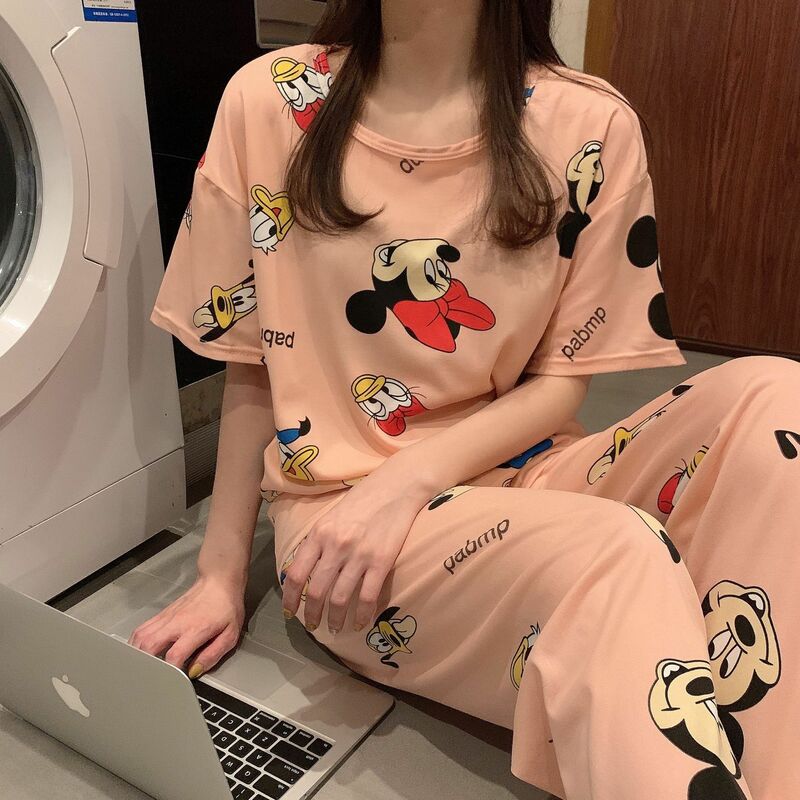 Disney cartoon Mickey und Minnie drucken pyjamas frauen sommer nette kurzen ärmeln hosen dünne zwei-stück anzug casual hause tragen