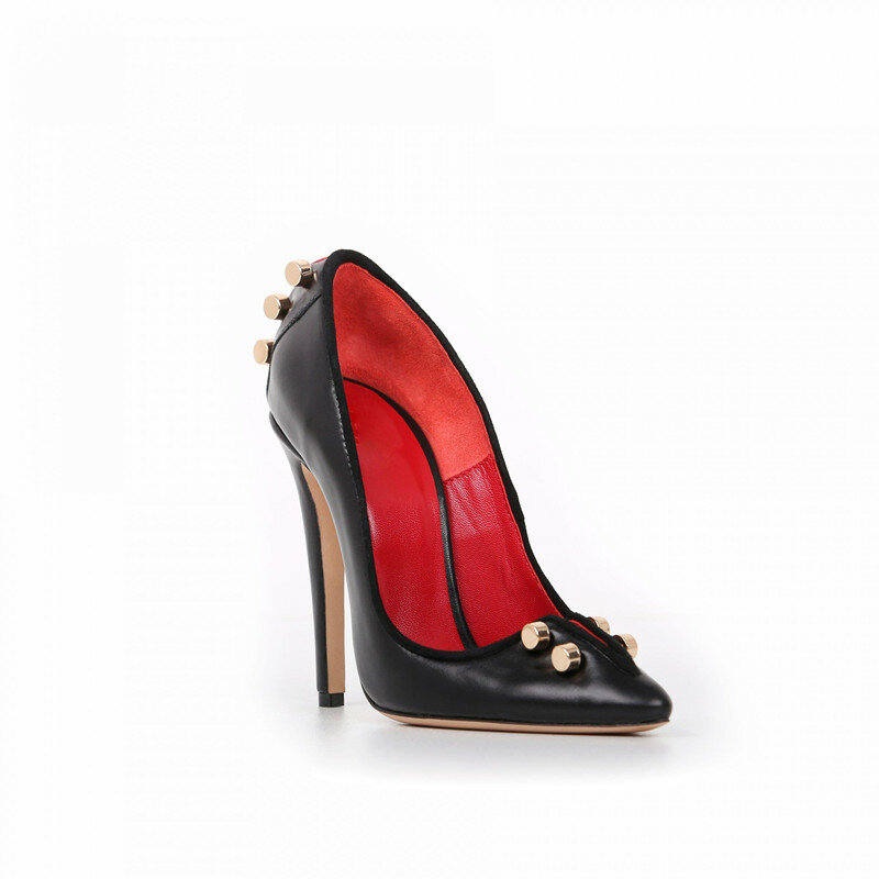 Zapatos de tacón alto con hebilla de decoración de Metal para mujer, tacones sin cordones, puntiagudos, Sexy, negro/rojo