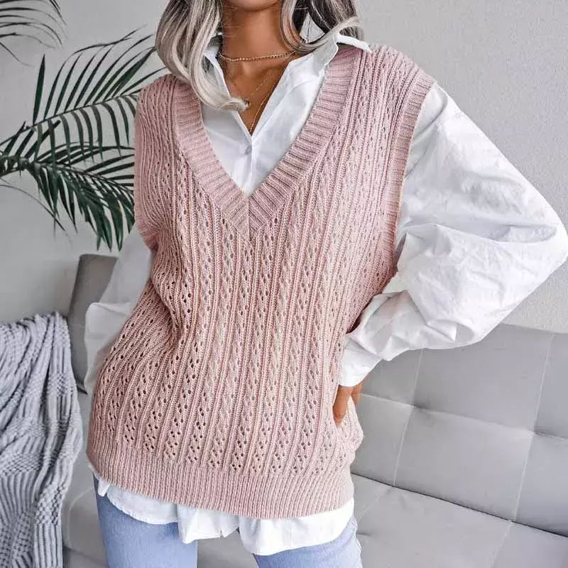 Autumn Winter V-neck Knitted Sweater Vest Sleeveless Casual Hollow Out Twist Knit Vest Pullover Women Sweater Loose Tops 18135