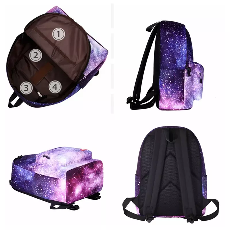 กระเป๋าเป้สะพายหลังหลากสีกระเป๋านักเรียนลายดาวจักรวาลสำหรับวัยรุ่นแล็ปท็อปฮาราจูกุใหม่