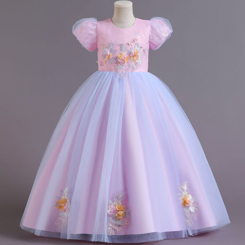 Gaun Panjang Anak Perempuan Gaun Makan Malam Pesta Ulang Tahun Putri Kelas Atas Gaun Pesta Dansa Wisuda Kampus Gaun Lengan Gelembung Gadis Bunga