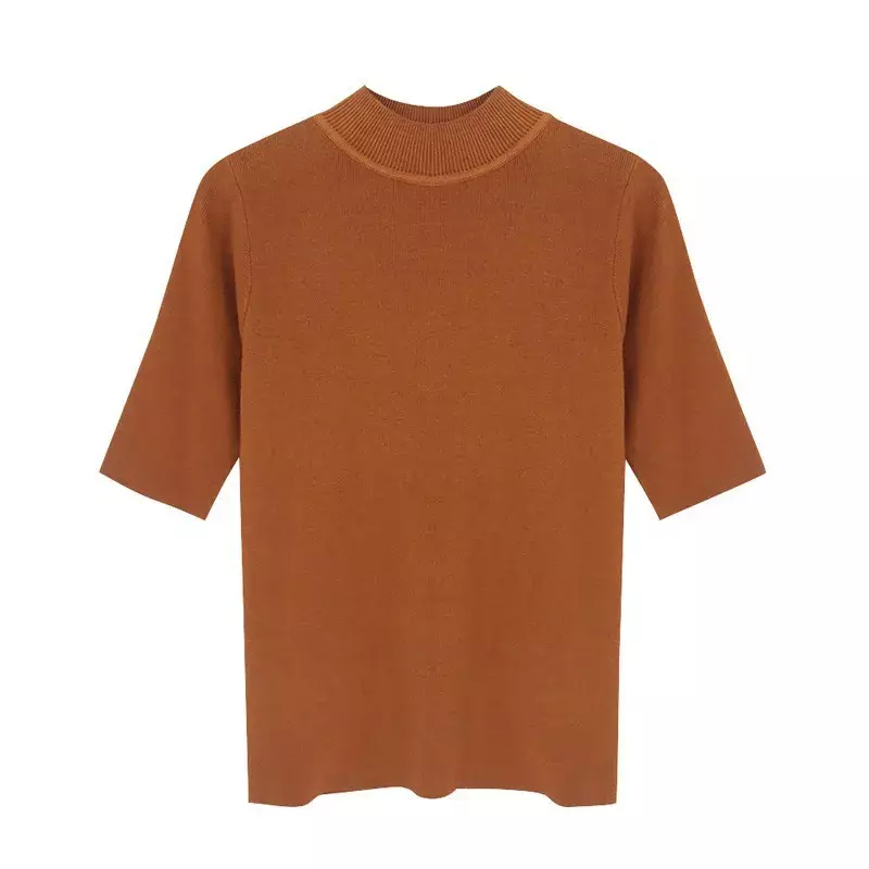 Women Semi Turtleneck Half Sleeve Slim Knitwear Sweater Tops Summer Lady Thin Solid Pullover Tshirt JZFS-338