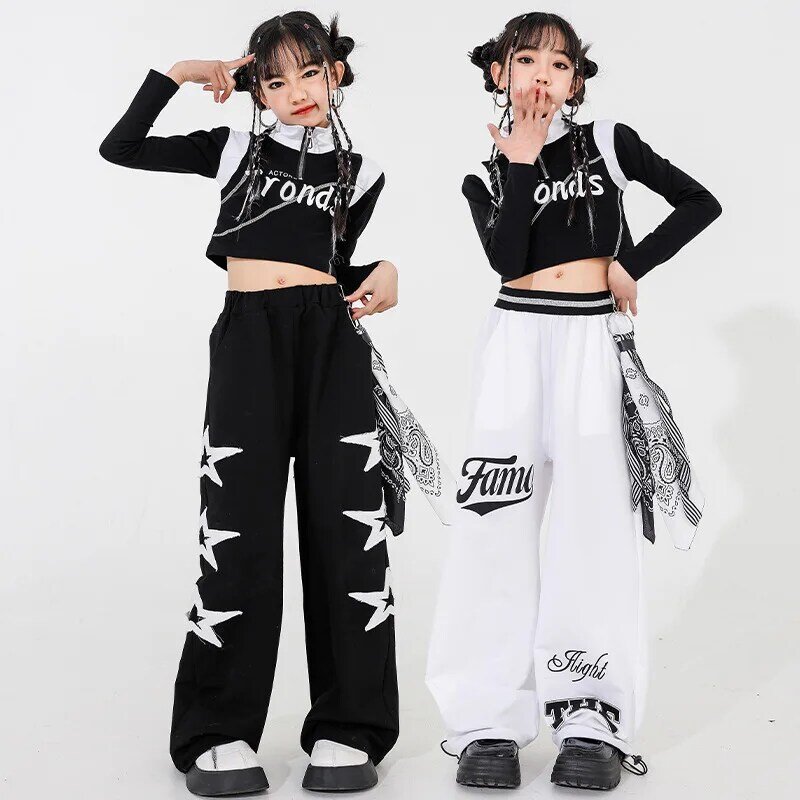 Детская модная уличная одежда для девочек, укороченный топ с высоким воротником в стиле хип-хоп, классные брюки-карго, комплекты одежды, Детский костюм для уличных танцев, джаза, бега