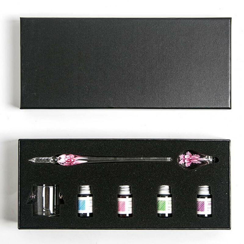 1Set penna stilografica fiore penna fine forma scrittura liscia penna a immersione in cristallo portatile con regalo di inchiostro