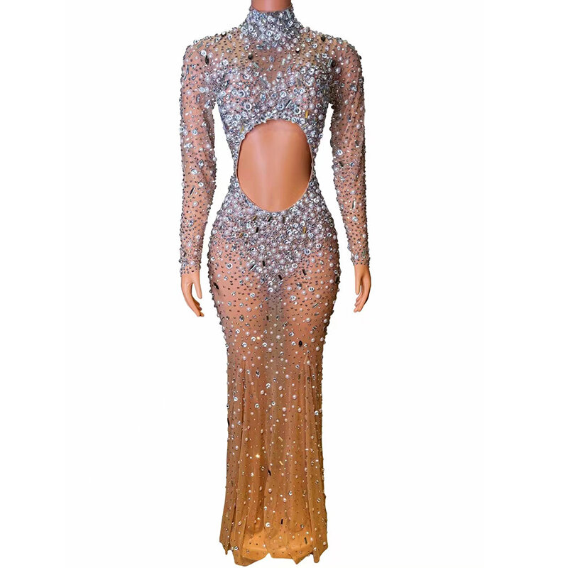 Customized Sexy Diamond Pearl Sequins Feather Water Diamond Wrap Hip Dress Long Dress Performance Dress