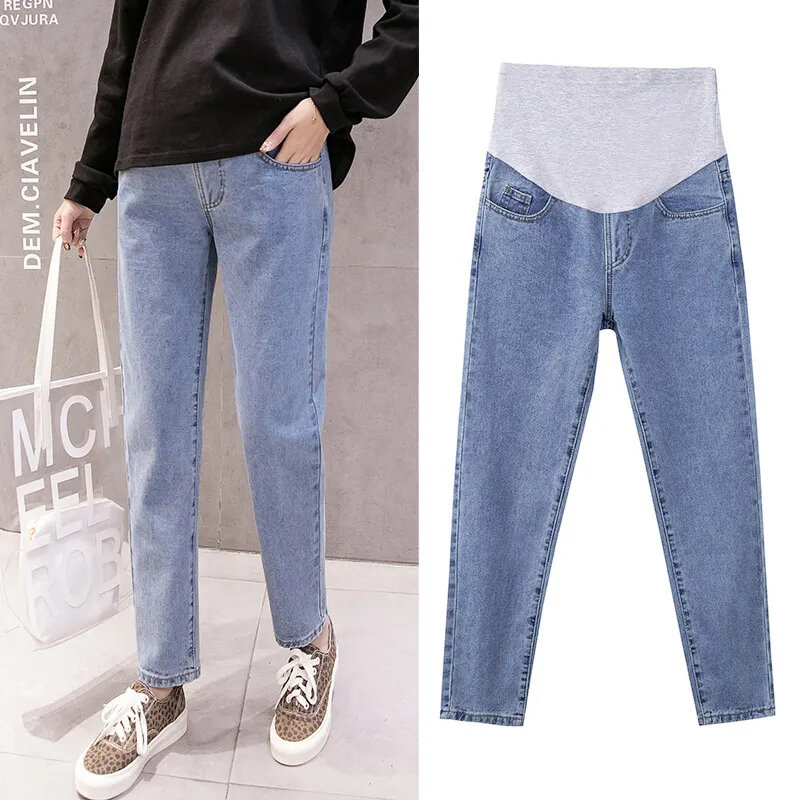 Ciążowe spodnie ciążowe jeansowe spodnie ciążowe dla kobiet w ciąży ubrania spodnie z wysokim stanem luźny dżins dżinsy dzwony Stretch