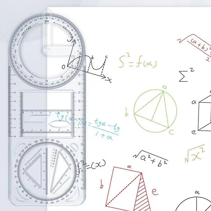 Penggaris gambar geometris dapat digerakkan 360 °, Multi fungsi untuk siswa matematika sekolah dasar portabel transparan 3D datar 1 buah