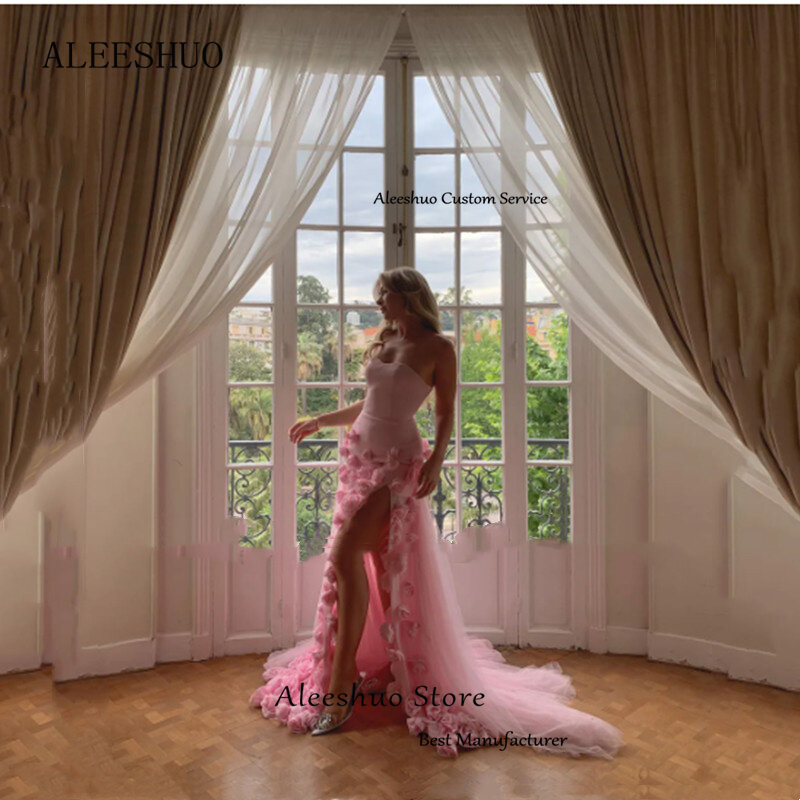 Aleeshuo-rosa sexy vestido de baile, sem mangas, fenda lateral alta, com flor, vestido de festa, sem alças