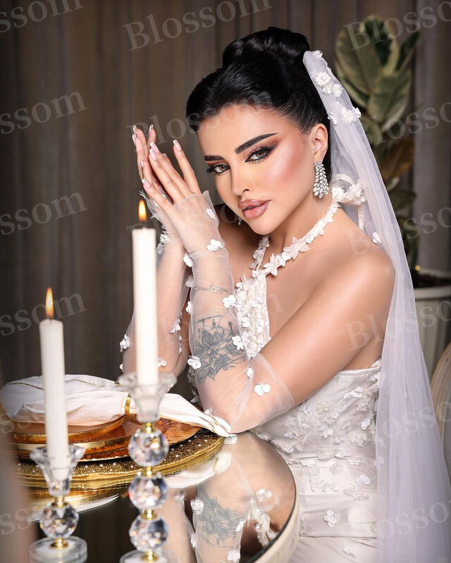 Halter bunga gaun pernikahan putri duyung untuk wanita sarung tangan tanpa lengan gaun pengantin kustom kelas atas gaun pernikahan Arab Saudi