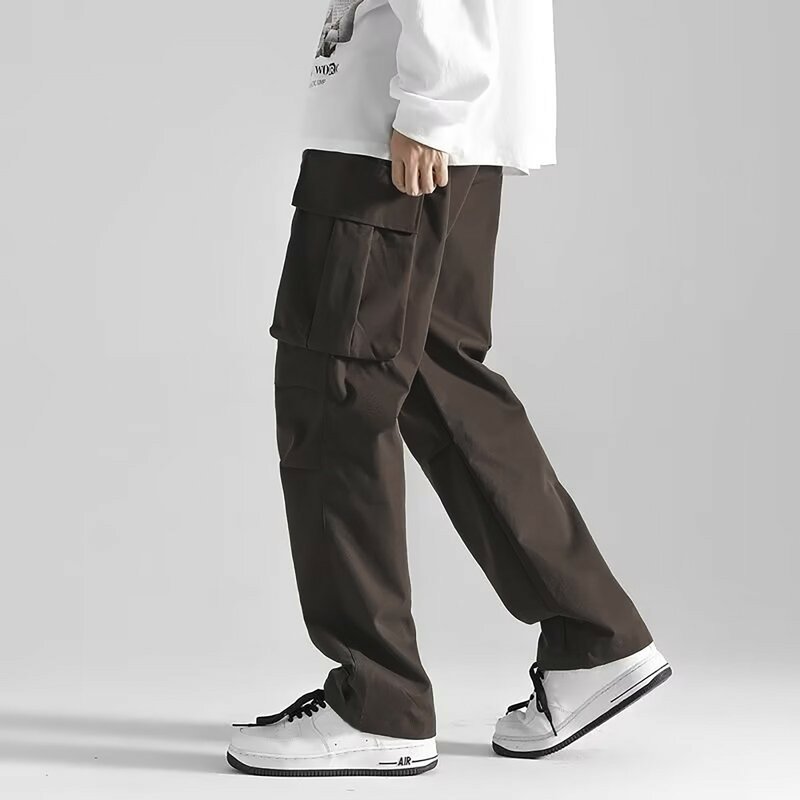 2024 Summer Men'S Cargo Pants Korean Solid Multi-Pockets Straight Pants Male Hip Hop Street Elastic Waist Loose Trousers Outfit