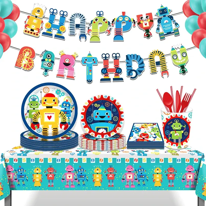 Décorations d'anniversaire sur le thème du jeu de robots, assiette en papier britannique, serviettes standardisées, ballon en aluminium, décoration d'anniversaire pour enfants, poulet