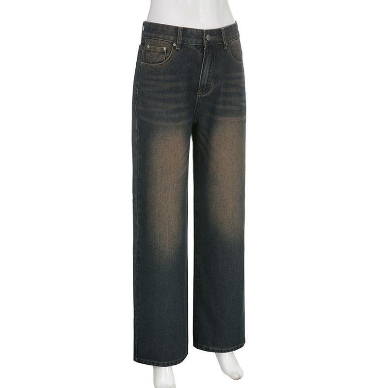 Damen Jeans mit weitem Bein trend ige, hoch taillierte, dehnbare Jeans hose, lässige, lange Hose mit Taschen