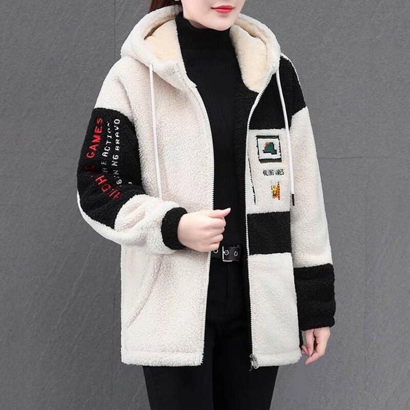 Jaqueta Colorblock feminina com capuz com letras bordadas, leve, aconchegante, quente, casaco feminino, inverno