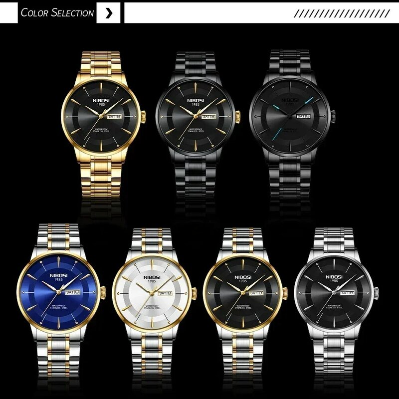 NIBOSI-Relógio de quartzo masculino, impermeável, aço inoxidável, Masculino Top Luxo, Luminoso, Data Week, Masculino Relógios