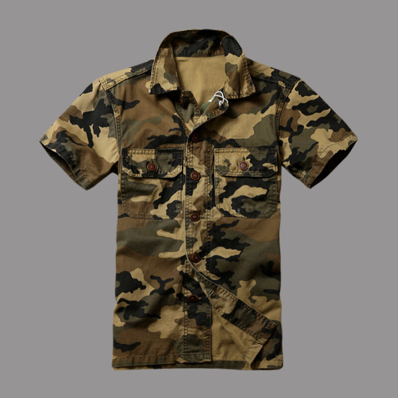 Camisa de manga curta masculina de camuflagem militar, jaquetas masculinas, camisas de bolsos soltos, jaquetas de verão