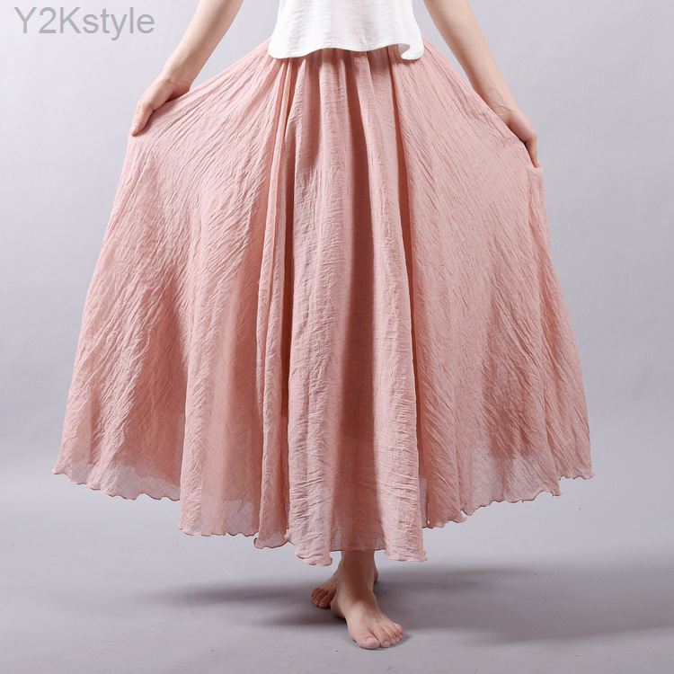 Maxifalda de lino de cintura alta para mujer, falda elegante de 2 capas con cintura elástica, informal, 20 colores, SK53, 2023