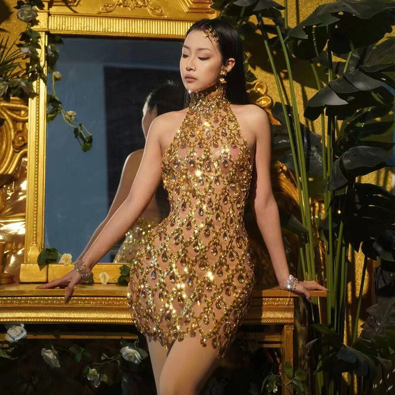 New Mesh Dress Luxury Evening Celebrate Prom Birthday Party Transparent Gold Black Sequins Rhinestones Short Singer Stage Wear