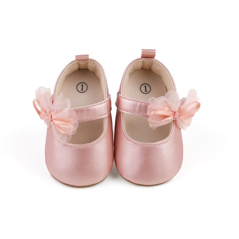 유아 소녀 공주 신발, 광택 표면 도트 프린트, 메쉬 나비 매듭 플랫, 미끄럼 방지 웨딩 슬리퍼, 사랑스러운 아기 신발