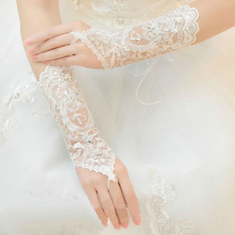 Sarung tangan pendek pengantin wanita, renda tanpa jari manik-manik berlian imitasi