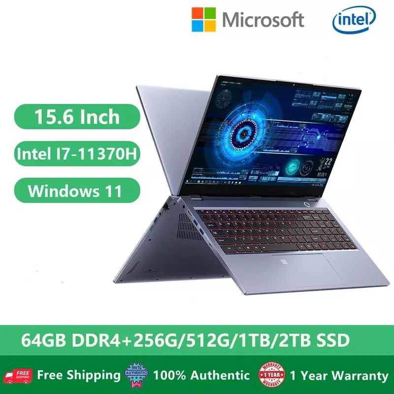 Gamer laptop Computer office Metal Notebook Netbook Windows 11 11th Gen Intel I7-11370H 64GB RAM Dual DDR4 slot SSD 5G WiFi