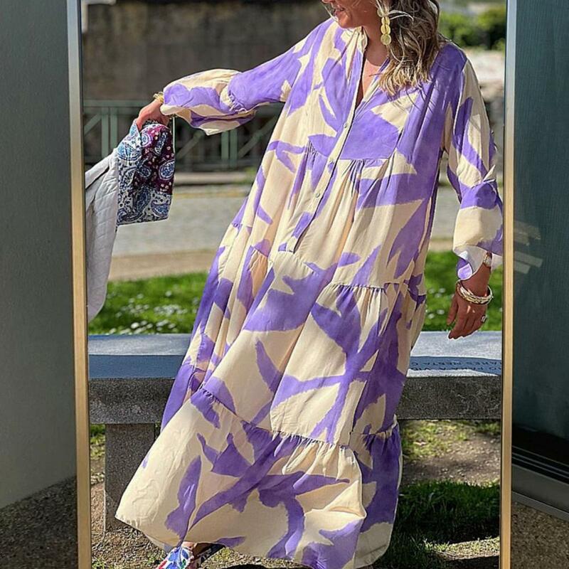 Women Vacation Dress Bohemian Style Maxi Dress with Color Matching Print Pleated Patchwork Summer Women's A-line V Neck Dress