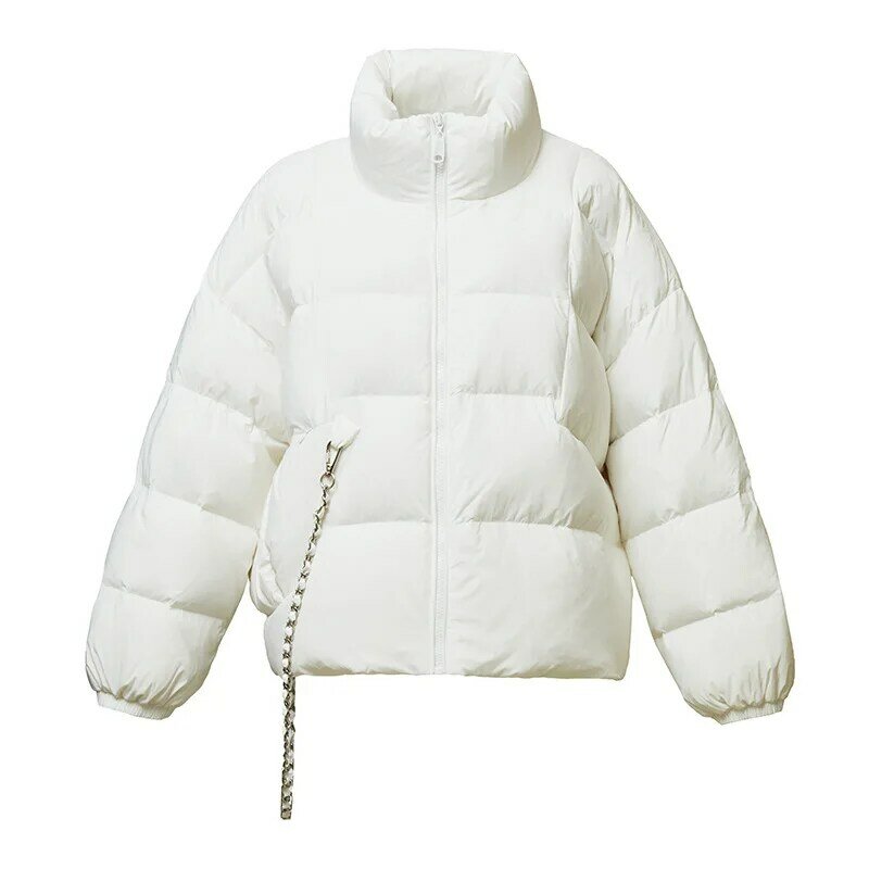 Женский короткий пуховик, зимняя свободная Базовая Универсальная куртка для девушек с металлической цепочкой, прочное мягкое пальто холодной устойчивости на белом утином хлебе