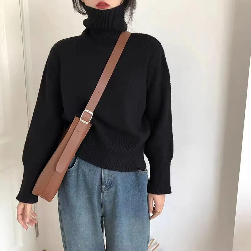 Knitted Sweater Women Korean Version Turtleneck Sweater Winter Solid Color Pullover Slimming Interior Lapping Warm Basic Tops