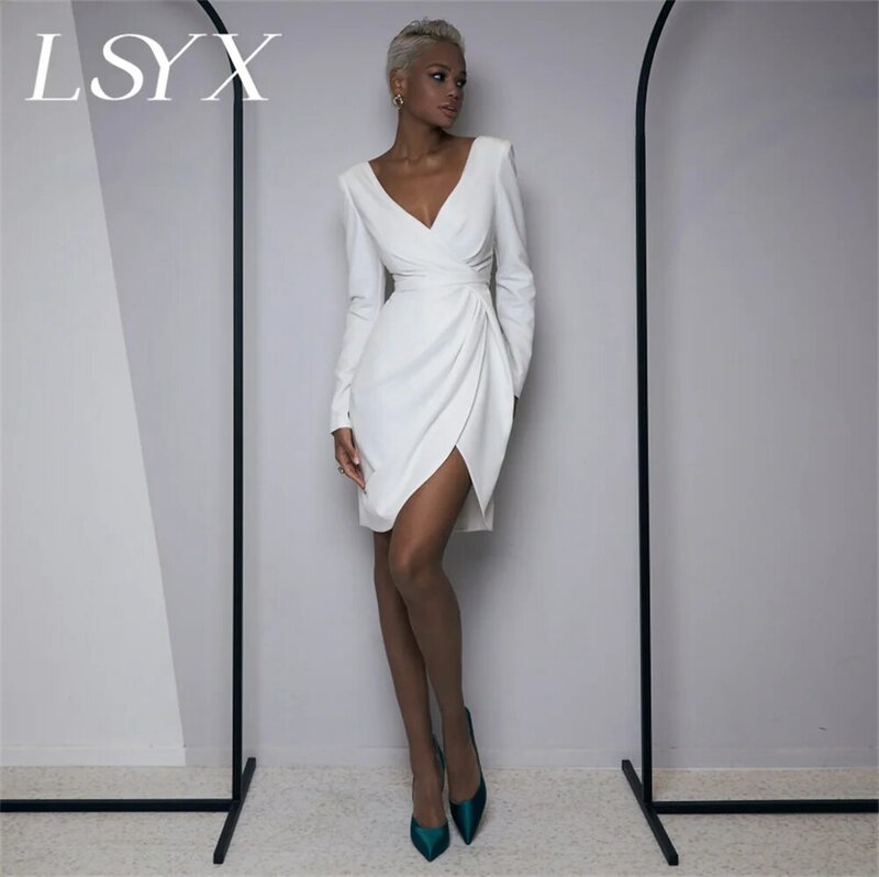 LSYX-V رقبة طويلة أكمام غمد ثنيات كريب فستان زفاف صغير للنساء ، سحاب الظهر ، فوق الركبة ، ثوب زفاف قصير ، مخصص