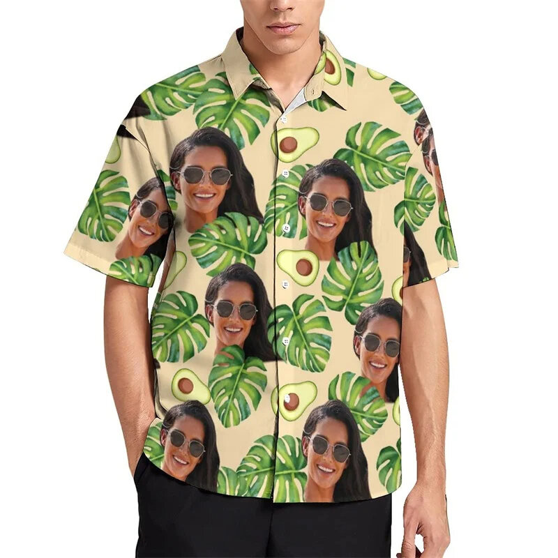 2024 꽃무늬 나뭇잎 셔츠, 하와이안 남성 셔츠, 3D 프린트 초상화 비치 셔츠, 반팔 라펠 티, 홀리데이 탑 블라우스