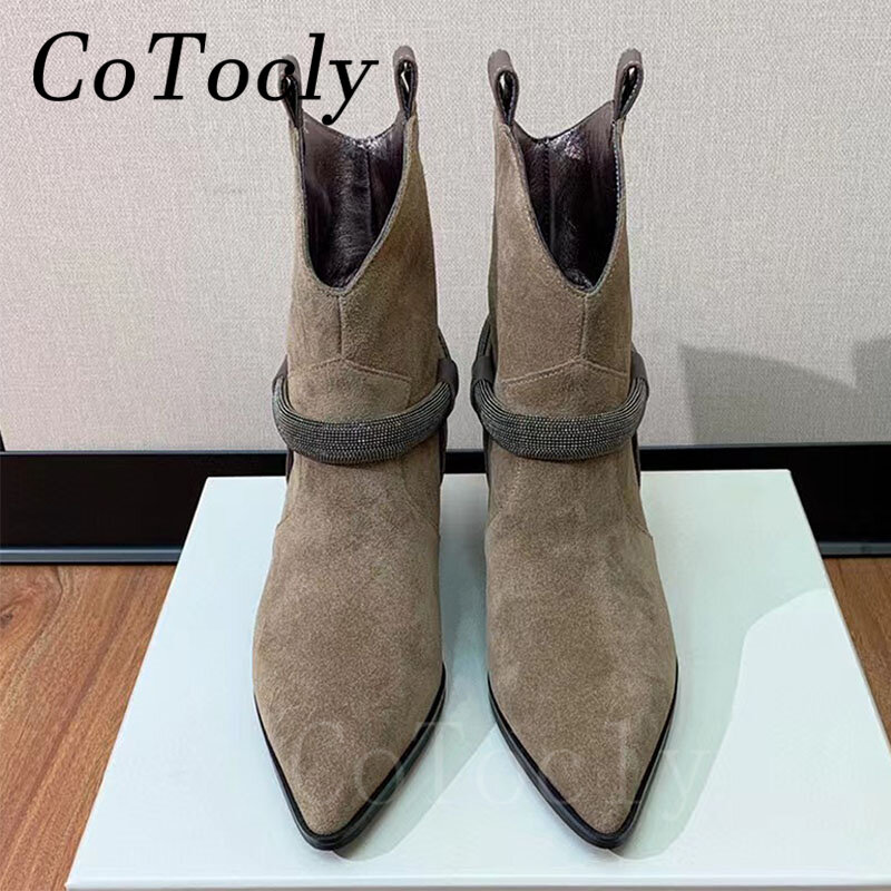 New Square Heels Chelsea Boots Woman String Bead Cow Suede Short Boots Pointed toe Chunky High Heels Western Boots Women Botas