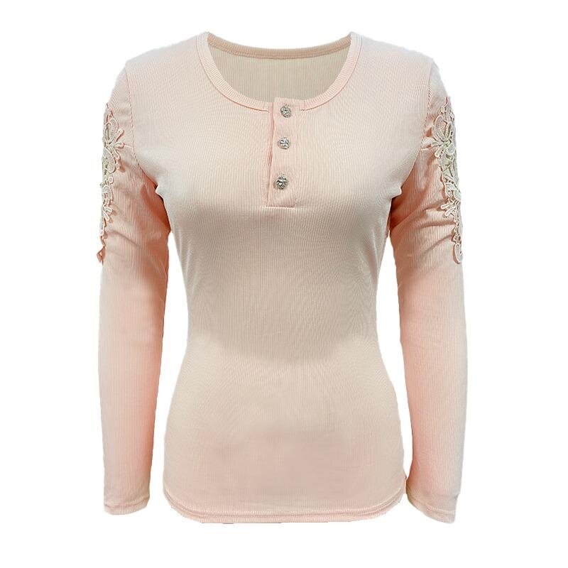 Top de primavera y otoño para mujer, Camiseta holgada informal de manga larga con botones y cuello redondo, color sólido