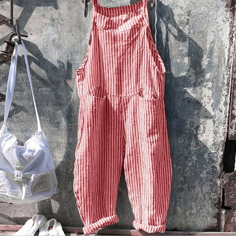 2024 Bohemian Spring Rompers Stripe Casual Women's Jumpsuits Fashionable Cotton Pockets Overalls Casual High Quality Overalls