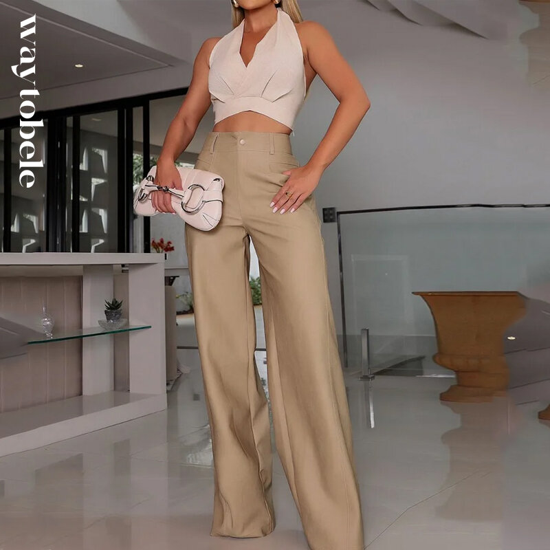 Waytobele-Conjunto feminino sem mangas sem costas e calças soltas, streetwear casual de verão, decote em v, cintura cortada, halterneck, 2 peças