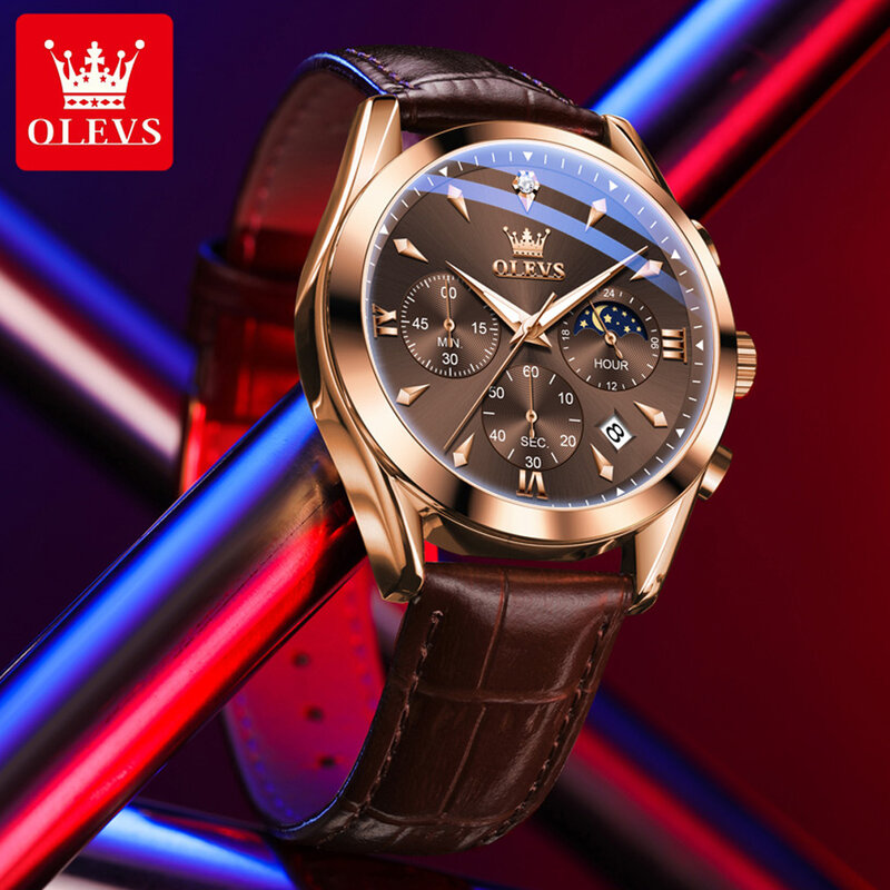 OLEVS Brand New moda chronograf kwarcowy zegarek męski skórzany pasek wodoodporny świecący kalendarz męskie zegarki Relogio Masculino