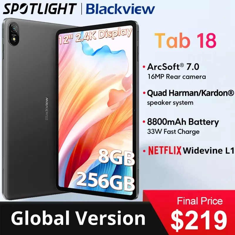 Blackview-Tablette Tab 18, Première Mondiale, 12 Pouces, 8 Go/12 Go, 256 Go, 16MP, Écran FHD 2.4K, 8800mAh, Widevine L1, MTK Helio G99, 33W