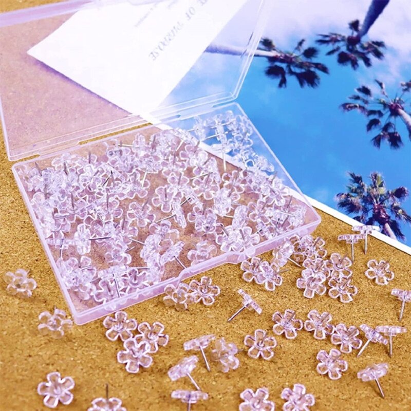 100 個花縫製ピンクリアボックスキルティングピン花頭プッシュピンマップピン生地縫製 DIY クラフト