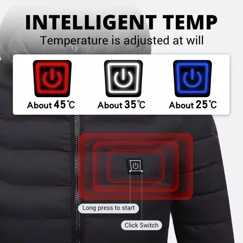 2023 Nwe Mannen Winter Warm Usb Verwarming Jassen Smart Thermostaat Pure Kleur Capuchon Verwarmde Kleding Waterdichte Warme Jassen