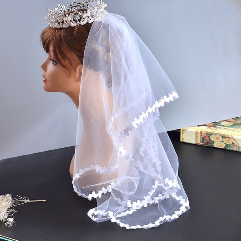 Véu casamento feminino camada única 1m, malha pura curta, tule, branco, folha pequena, aplique