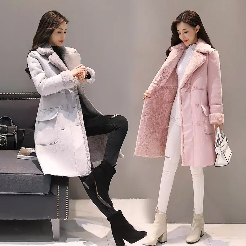 Imitasi bulu domba deerskin beludru mantel panjang menengah untuk wanita 2024 Korea Selatan musim dingin tebal kasmir baru