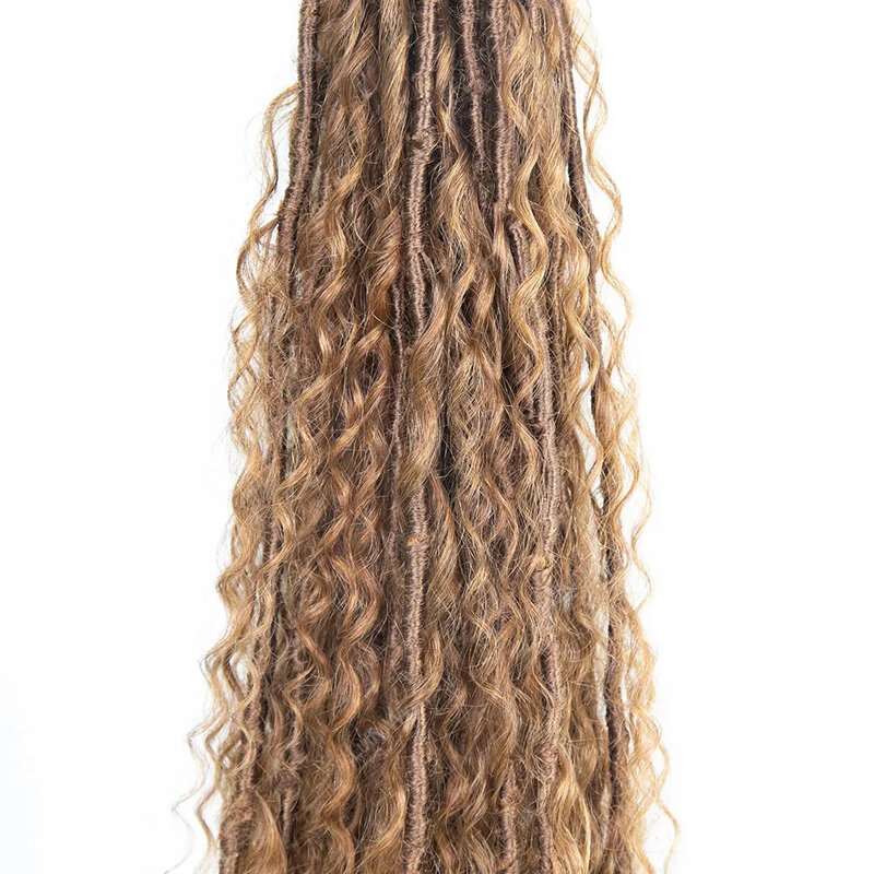 Crochet Light Auburn Boho Locs with Human Hair Curls Pre-looped Synthetic Braids Extensions Knotless Braiding Hair luffywig