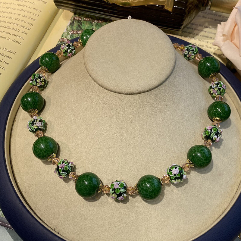 Collar de cadena de suéter de piedra de cristal esmaltado Vintage francés para mujer y niña, Gargantilla, accesorios de joyería