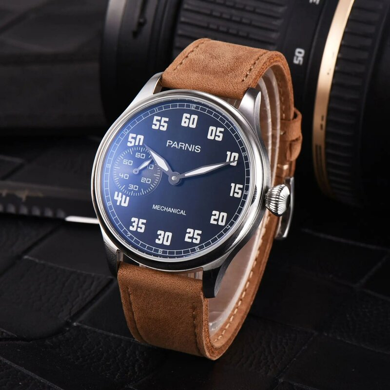 Parnis 44mm Black Dial Mechanical Hand Winding Men's Watch Leather Strap 17 Jewels Watches With Box Gift Top Luxury Brand 2022