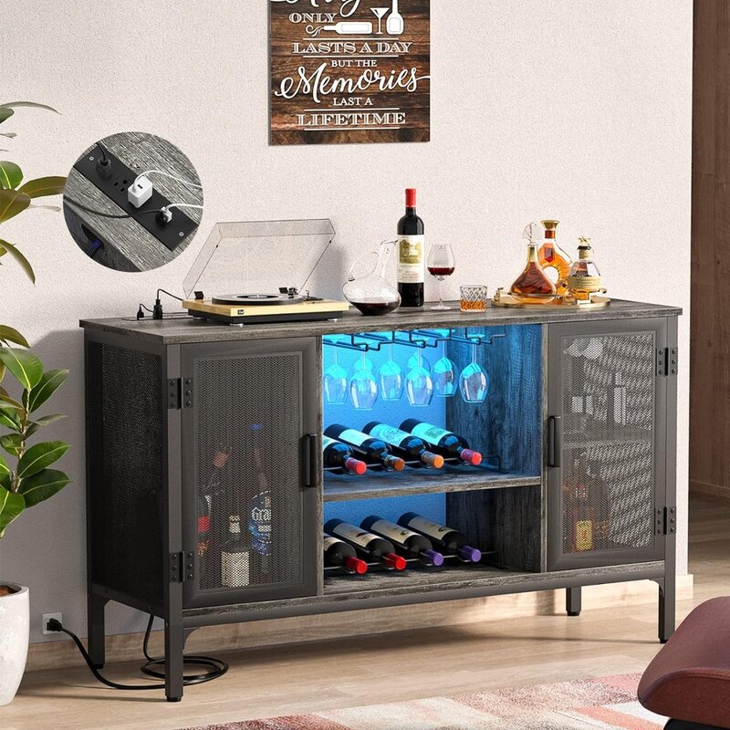 Wine Bar Cabinet with Led Lights and Power Outlets, Industrial Coffee Bar Cabinet for Liquor and Glasses, Farmhouse Bar Cabinet