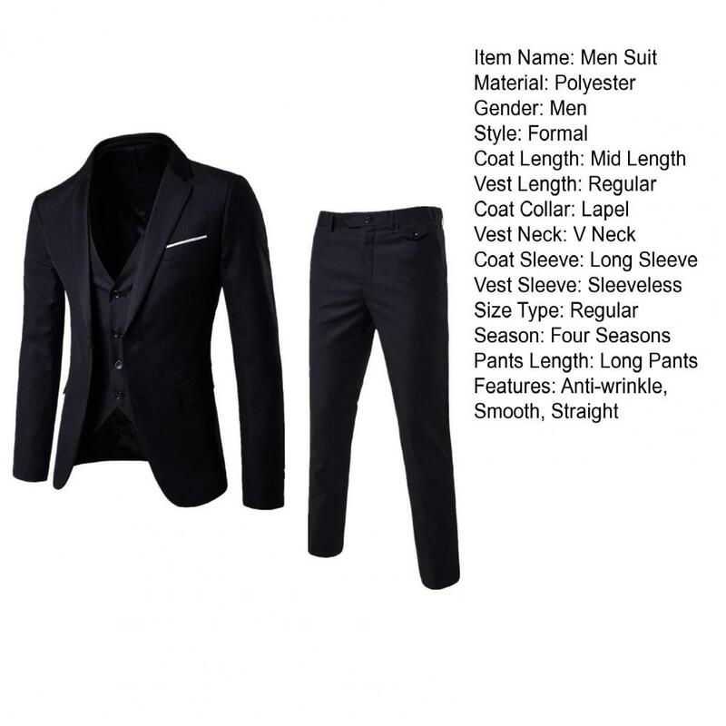 1 Set Men Vest Suit Coat Pants Formal Business Style Turn-down Collar Long Silky Smooth Anti-wrinkle Groom Wedding Suit