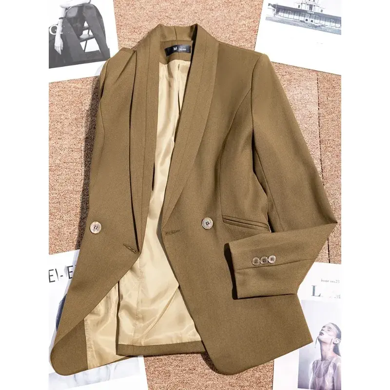 하이 퀄리티 오피스 레이디 작업복 블레이저, 네이비 옐로우, 긴팔, 단색, 포멀 재킷