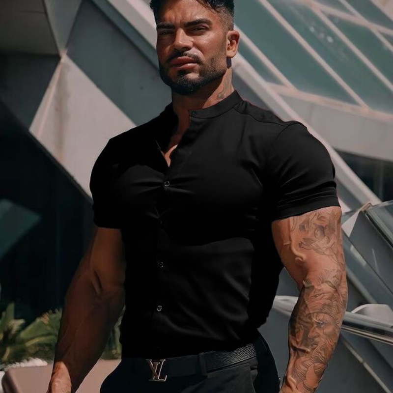 Atasan lengan pendek kasual pria, kaus hitam kerah berdiri berotot untuk pria, atasan olahraga Fitness ramping serbaguna modis