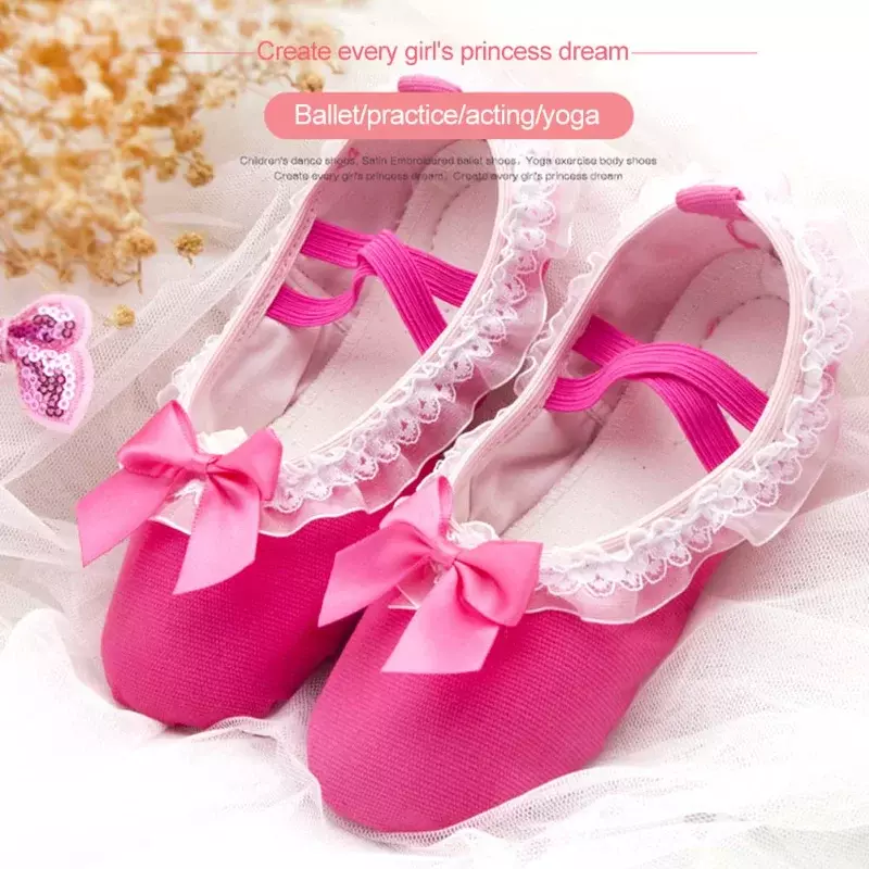 Балетные танцевальные туфли для девочек и детей, милые холщовые, с кружевом, с бантом, мягкая подошва, тапочки для балета